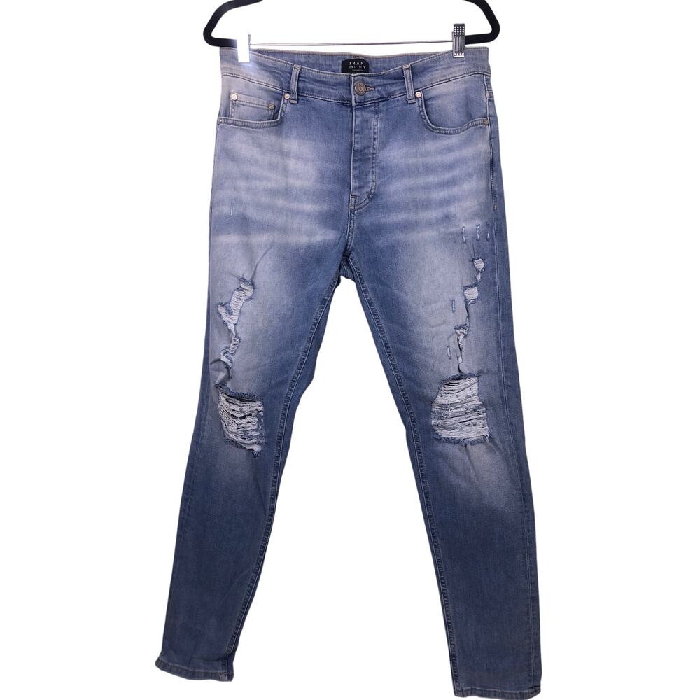 Boohoo Man Light Wash Distressed Button Fly Stretch Skinny Jeans Men's 34